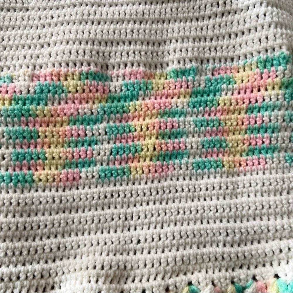 Vintage pastel crochet handmade throw blanket baby pompom kawaii cute